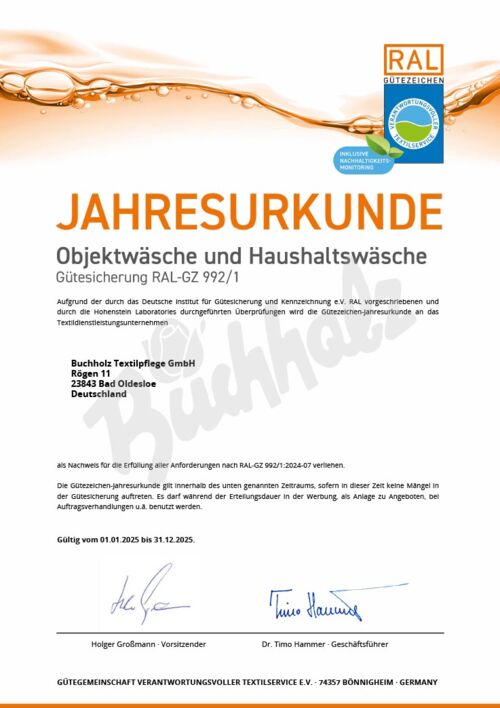 Jahresurkunde Objekt- und Haushaltswäsche RAL Gütezeichen RAL-GZ 992/1